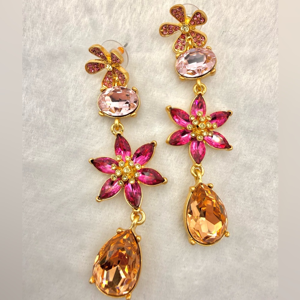 Oscar de la Renta Gold and Pink Floral Earrings